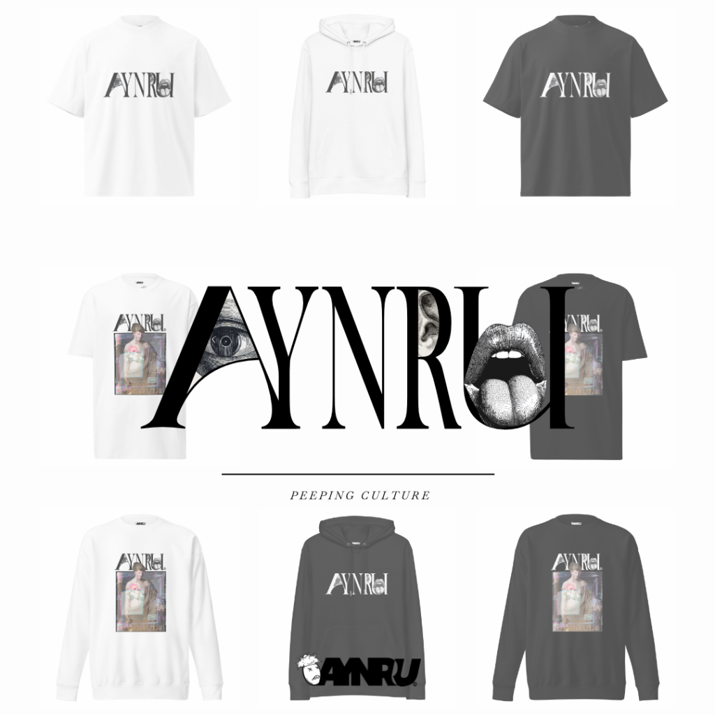 minimalist luxury streetwear PEEPING CULTURE collection by AYNRU — wordmark and graphic line in white and black by antiquepeanut