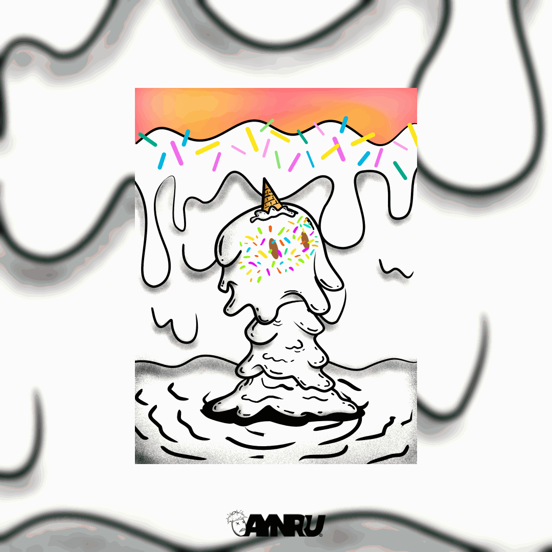 creepy cute melting ice cream character with sprinkles and waffle cone dissolving into puddle by antiquepeanut