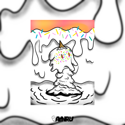 creepy cute melting ice cream character with sprinkles and waffle cone dissolving into puddle by antiquepeanut