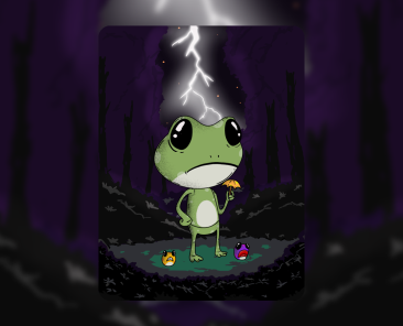creepy cute frog character standing in dark forest lightning storm holding small umbrella by antiquepeanut