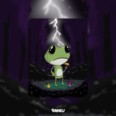 creepy cute frog character standing in dark forest lightning storm holding small umbrella by antiquepeanut