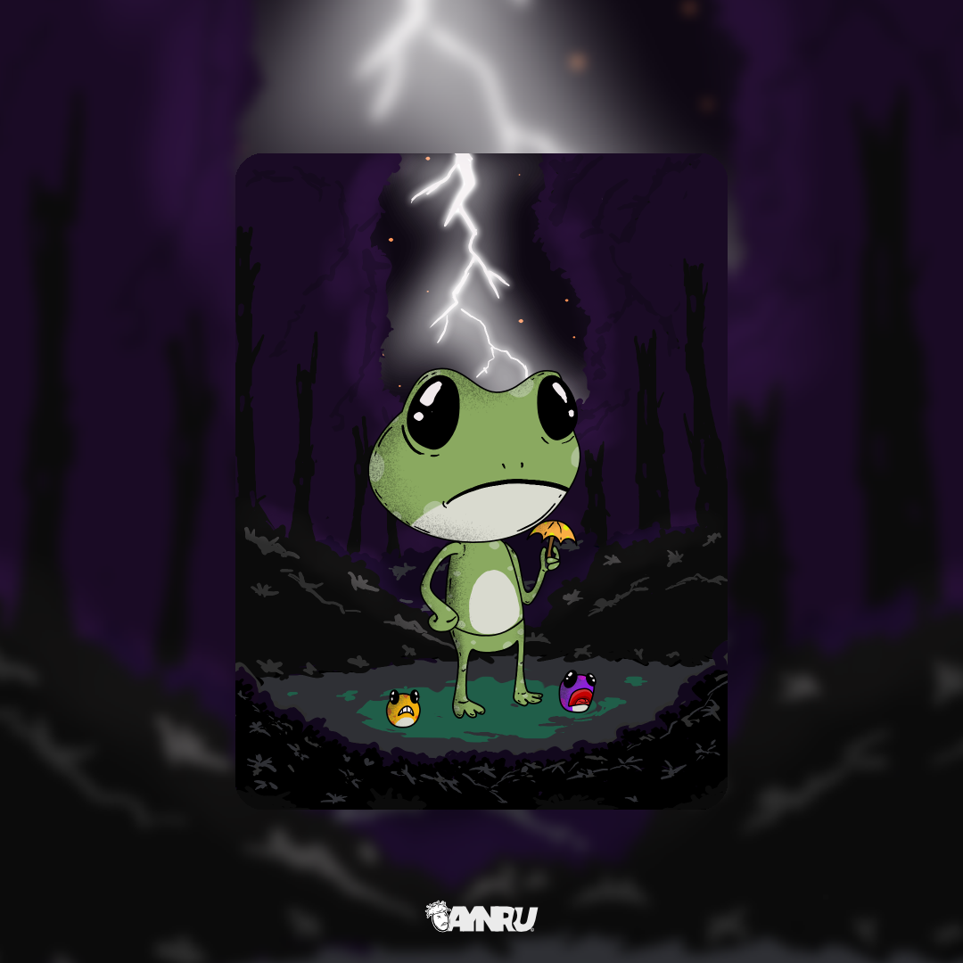 douglas-the-frog-1080x1080 creepy cute frog character standing in dark forest lightning storm holding small umbrella by antiquepeanut