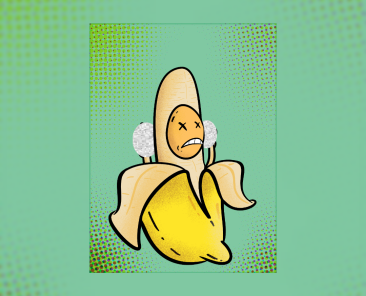 creepy cute banana character with X eyes and censored hands peeled open on green background by antiquepeanut