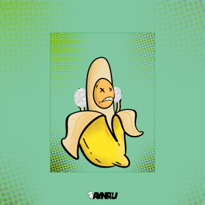 creepy cute banana character with X eyes and censored hands peeled open on green background by antiquepeanut