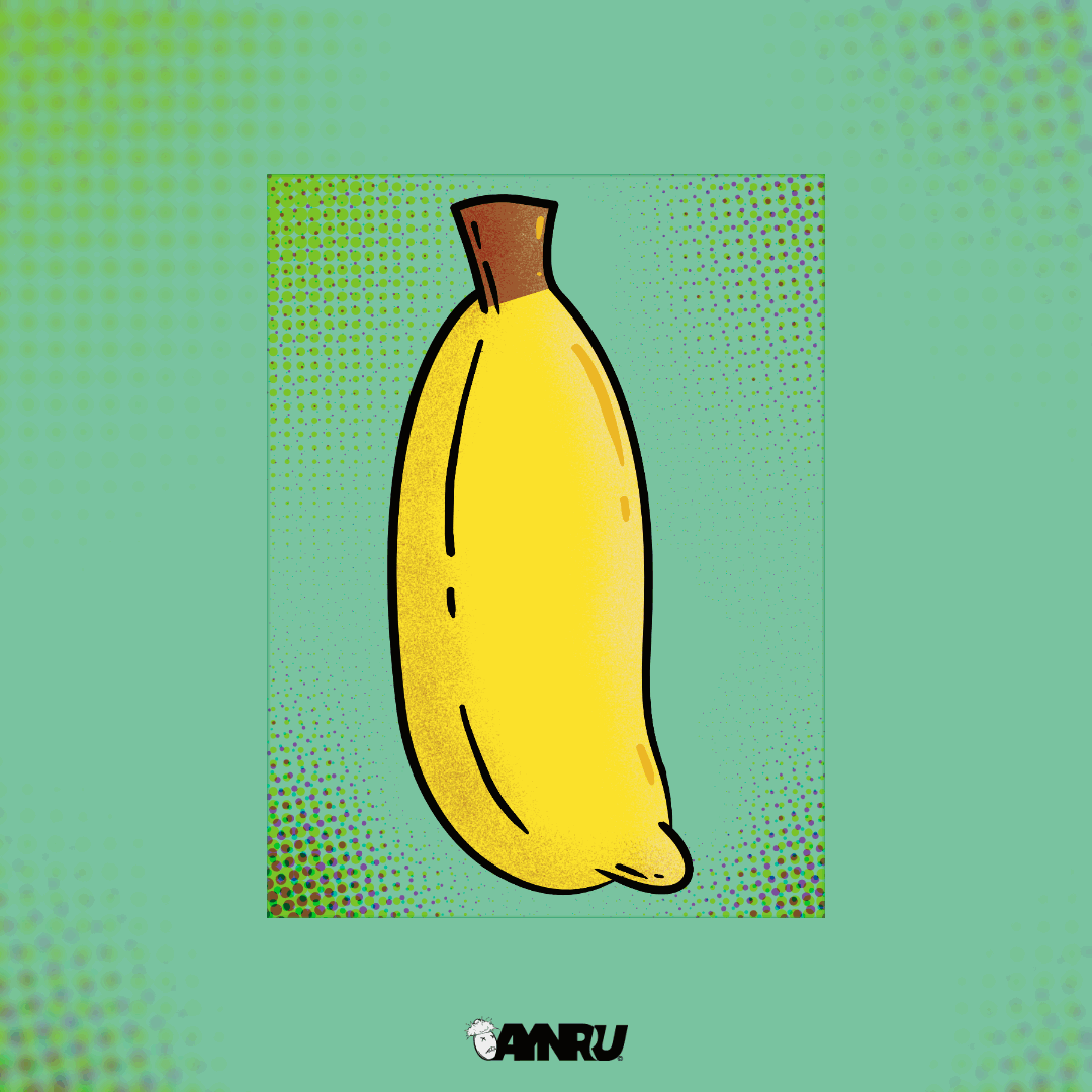 creepy cute banana character with X eyes and censored hands peeled open on green background by antiquepeanut