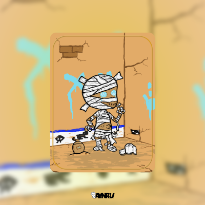 creepy cute mummy character crying dry tears next to empty water jug in abandoned dungeon by antiquepeanut