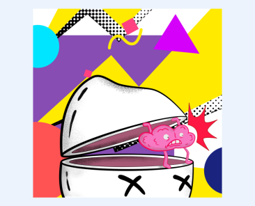 XRP NFT art pink brain climbing out of an open white skull with X eyes on a bright pop art background by antiquepeanut