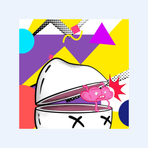 XRP NFT art pink brain climbing out of an open white skull with X eyes on a bright pop art background by antiquepeanut