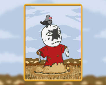 creepy cute scarecrow character with crossed out eyes and crow perched on head in wheat field by antiquepeanut
