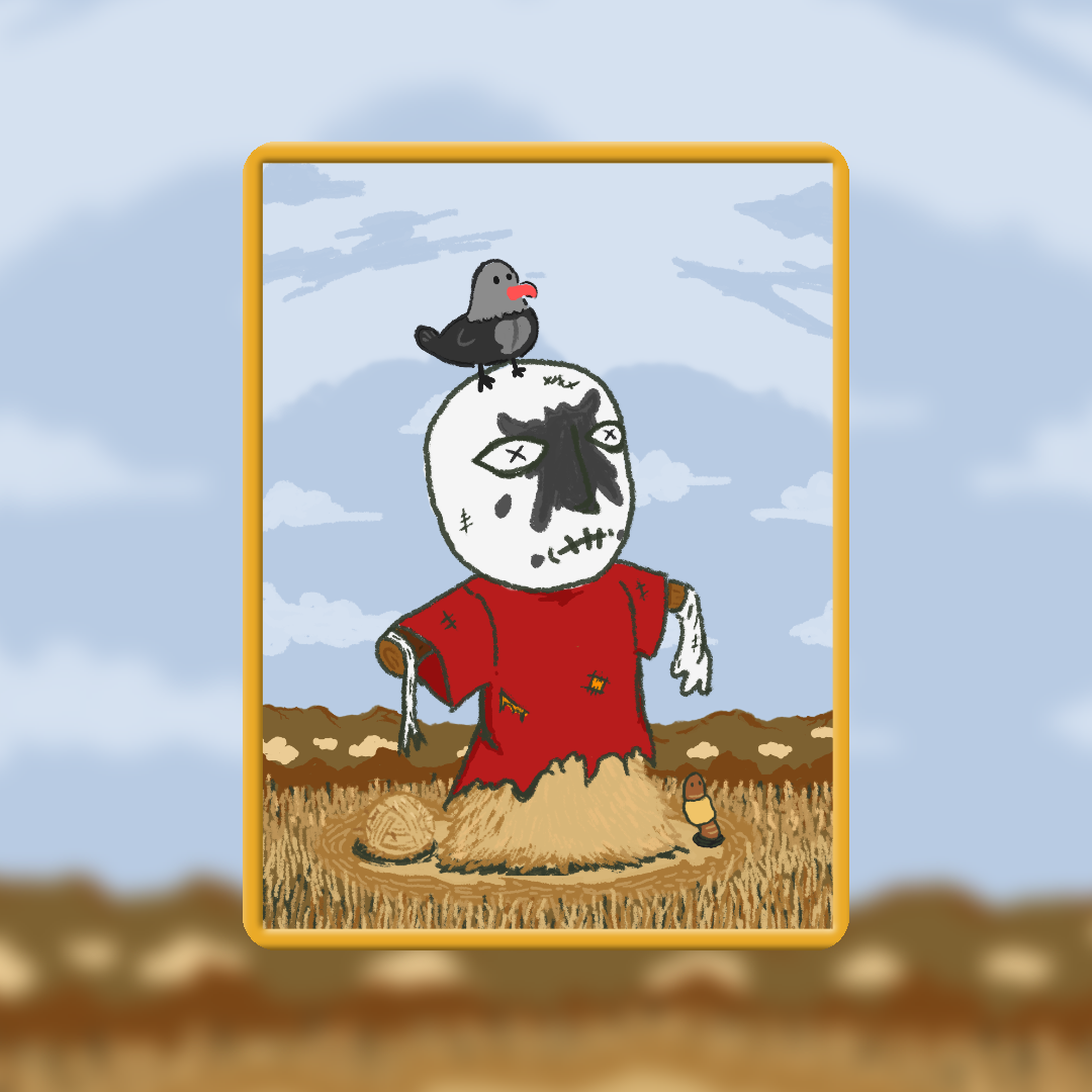 creepy cute scarecrow character with crossed out eyes and crow perched on head in wheat field by antiquepeanut