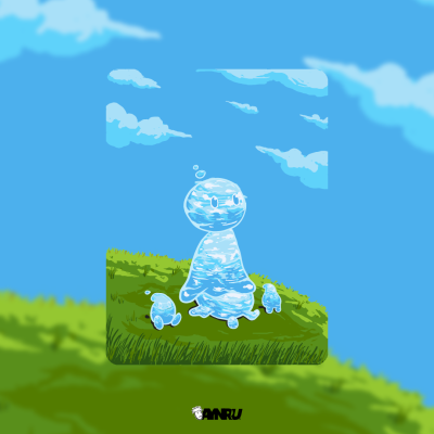 creepy cute water character with two droplets sitting on grass hill under blue sky by antiquepeanut