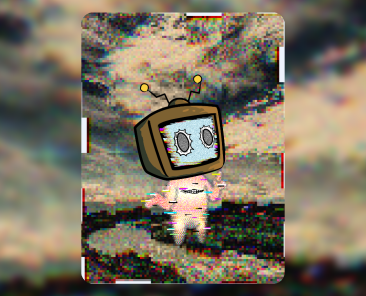 creepy cute television-headed character made of static glitching in front of a pixelated sunset sky by antiquepeanut