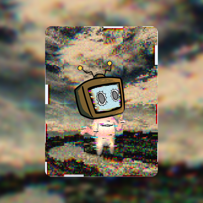 creepy cute television-headed character made of static glitching in front of a pixelated sunset sky by antiquepeanut