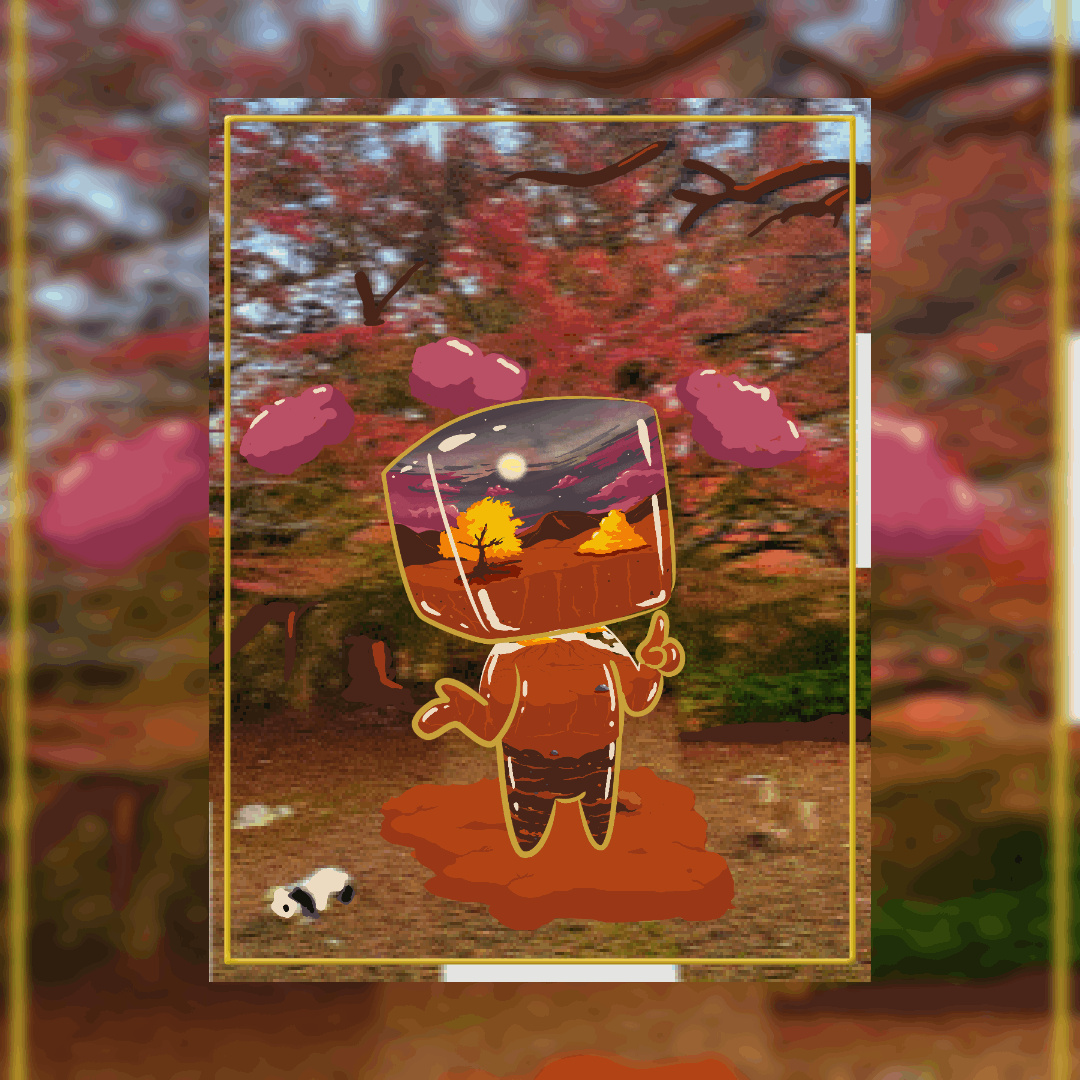 autumn digital art character with a glass head holding a small sunset landscape standing in a red autumn forest by antiquepeanut