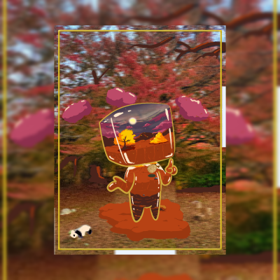 autumn digital art character with a glass head holding a small sunset landscape standing in a red autumn forest by antiquepeanut