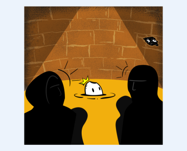 creepy cute small crowned creature peeking above surface ignored by two large silhouette figures by antiquepeanut