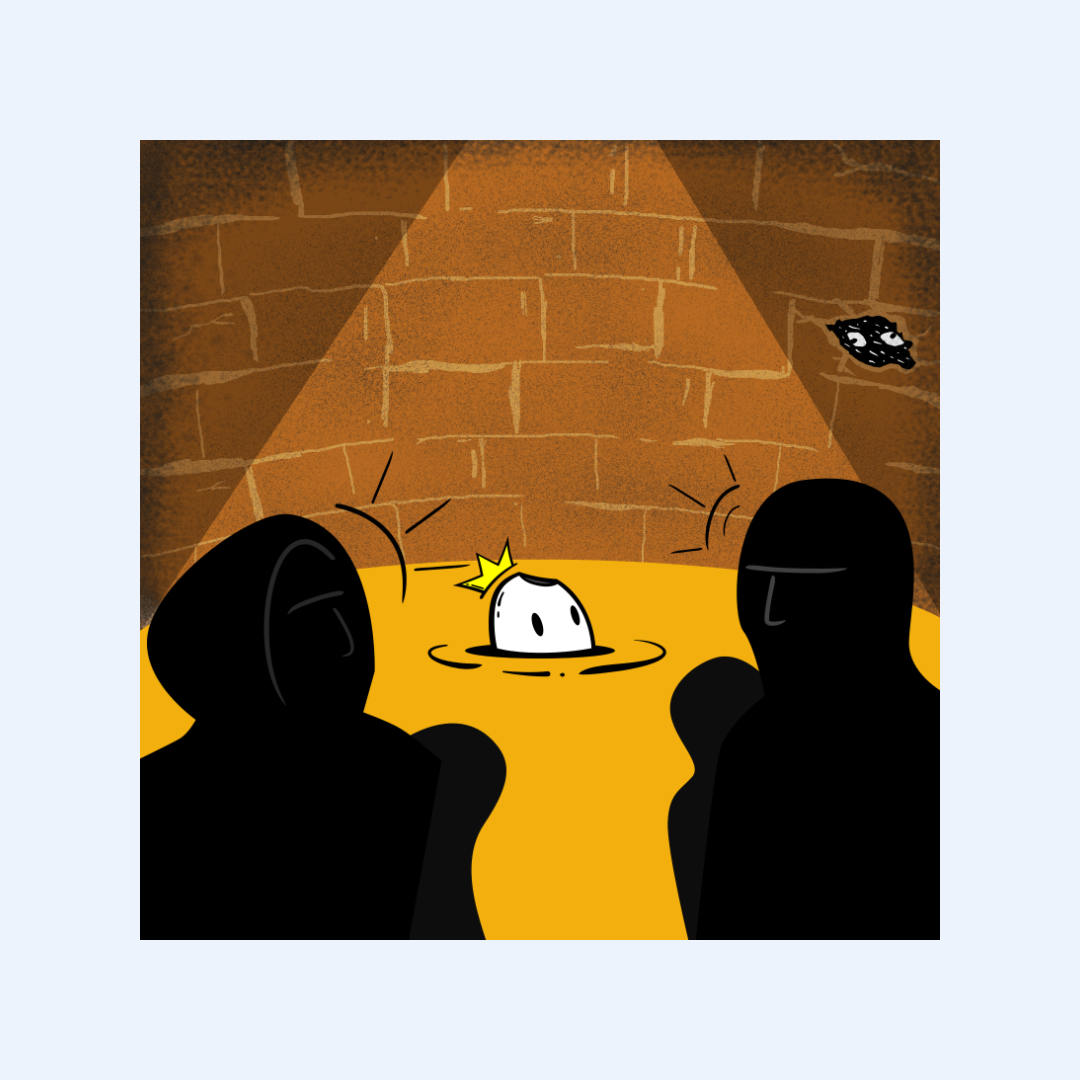 peek-2026-1080x1080 creepy cute small crowned creature peeking above surface ignored by two large silhouette figures by antiquepeanut