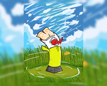 creepy cute inflatable tube man character with tornado forming over grass field by antiquepeanut