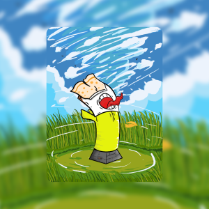 creepy cute inflatable tube man character with tornado forming over grass field by antiquepeanut